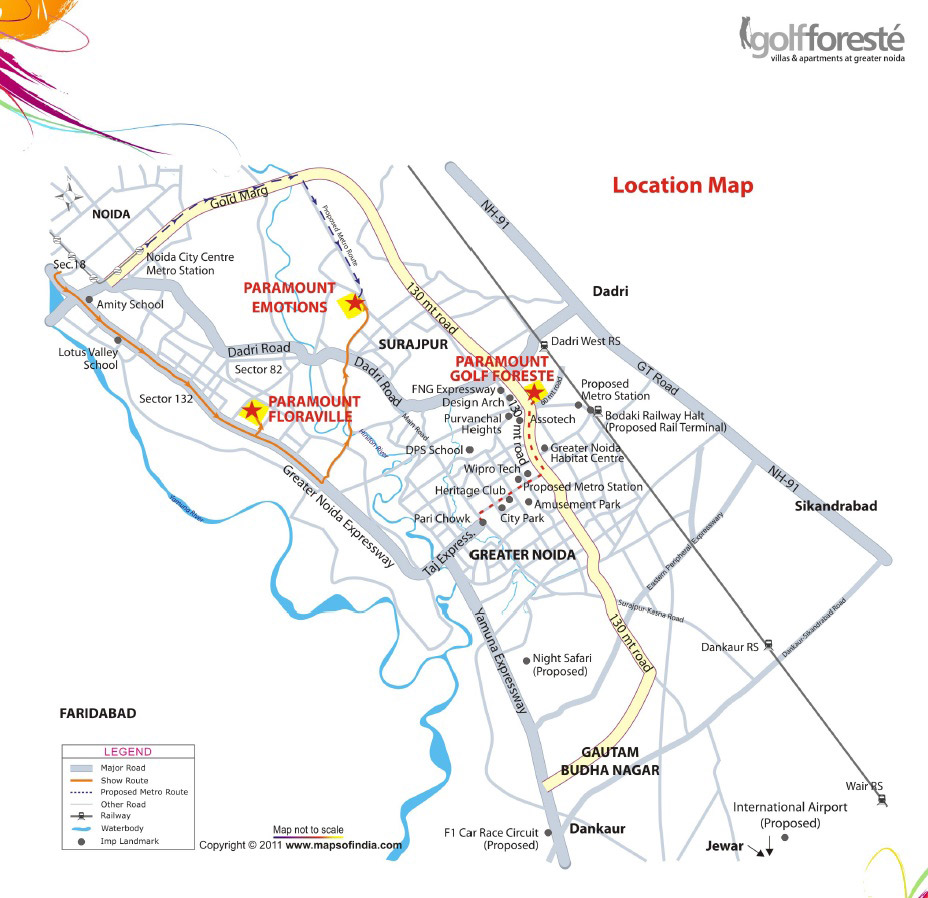 Paramount Golf Foreste Location Map, Surajpur, Greater Noida near Yamuna Expressway and Jewar Airport